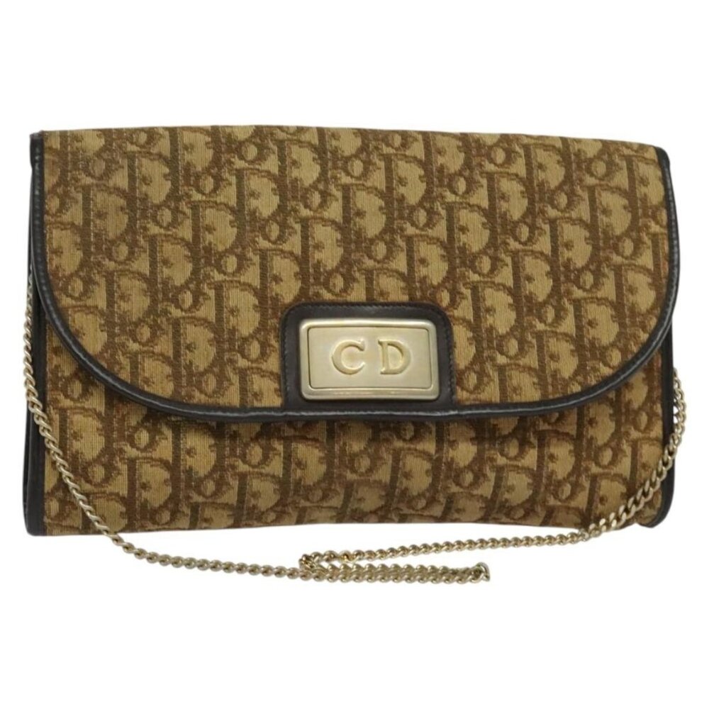 Authentic Christian Dior Trotter Canvas Chain Shoulder Bag Brown